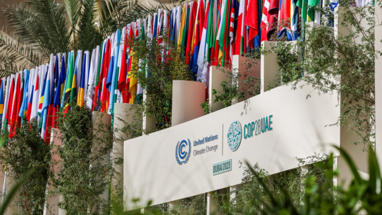 COP28 sign with country flags in the background